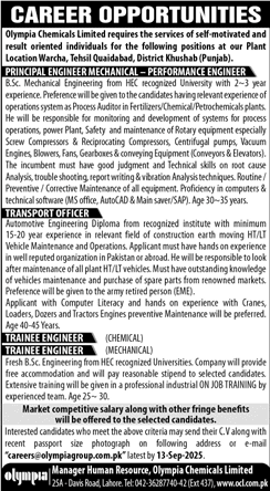 Jobs in Olympia Chemicals Limited Lahore